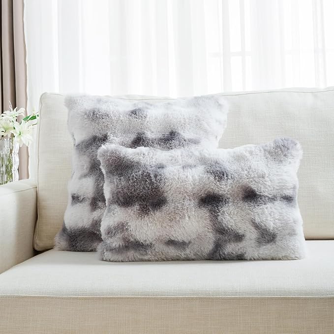 FUTEI Grey White Decorative Throw Pillow Covers 20x20 Inch Set of 2,Soft Fuzzy Faux Rabbit Fur Cushion Covers with Raised Texture,Neutral Boho Home Decor for Couch Bed Living Room