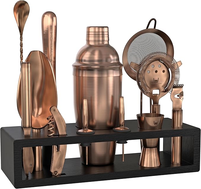 Highball & Chaser 13-Piece Cobbler Cocktail Shaker Set Matte Copper Stainless Steel Bartender Kit For Home Bar Cocktail Set Laser Engraved Cocktail Tools Plus E-Book with 30 Different Cocktail Recipes