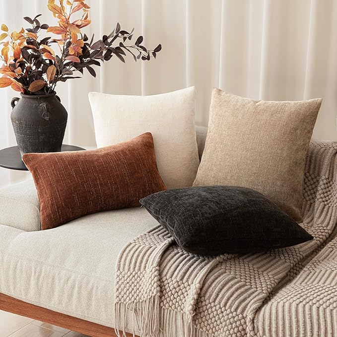 Foindtower Pack of 2 Textured Chenille Throw Decorative Pillow Covers Square Accent Solid Cushion Cover Neutral Farmhouse Lumbar Pillow Case for Couch Sofa Bedroom Living Room 12x20 Inch,Red Taupe