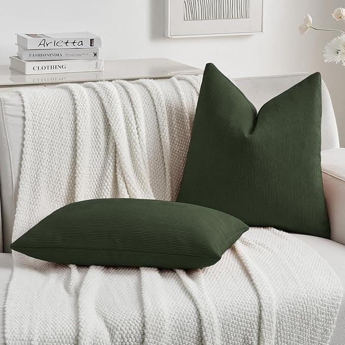 FUTEI Christmas Dark Green Chenille Decorative Throw Pillow Covers 26x26 Inch Set of 2,Soft Cozy Striped Geometric Patterns Euro Pillow Shams,Modern Home Decor for Couch Bed Living Room