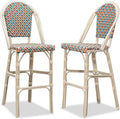 PURPLE LEAF French Bar Stool Set of 2 White Print Finish Patio Bar Stools with Back Rattan Chairs Wicker Bar Height Stool 30" with Footrest Kitchen Island Stools Outdoor Barstool Colorful