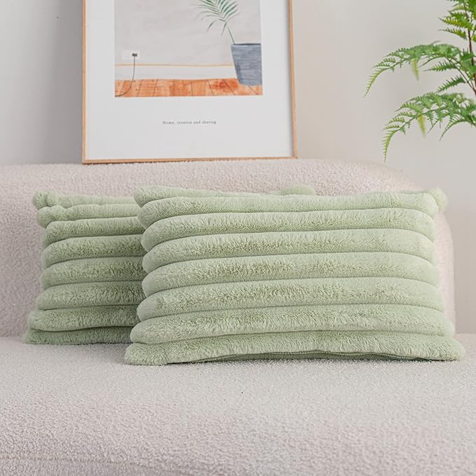 DEELAND Pack of 2,Double-Sided Faux Fur Plush Decorative Throw Pillow Covers Fuzzy Striped Soft Pillowcase Cushion Covers for Sofa Couch Bedroom Green 12x20 inch