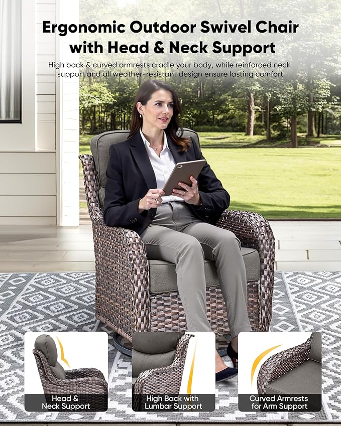 HUMMUH Wicker Patio Furniture Set 6inch Thick Cushion Deep Seat Outdoor Swivel Rocker Patio Chairs Set of 2 with Ottomans Conversation Set for Porch Garden Deck