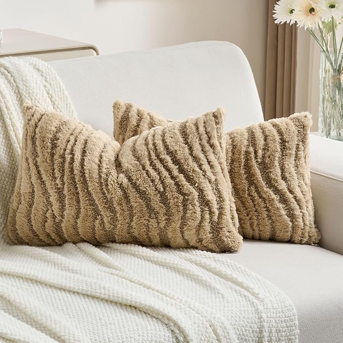 FUTEI Khaki Decorative Throw Pillow Covers 12x20 Inch Set of 2,Soft Faux Fur Geometric Shapes Texture Pillowcase,Boho Home Decor for Couch Bed Living Room