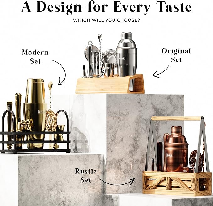 BARE BARREL® Mixology Bartender Kit Bar Set | 14-Piece Cocktail Shaker Set | Martini Barware Mixing Tools for Home Bartending | Incl. 35 Recipe Cards | Gift Set (28oz Boston Shaker, Jet Black/Black)