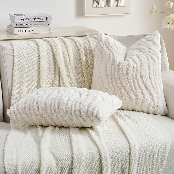 FUTEI White Decorative Throw Pillow Covers 16x16 Inch Set of 2,Soft Faux Fur Geometric Shapes Texture Cushion Case,Boho Home Decor for Couch Bed Living Room