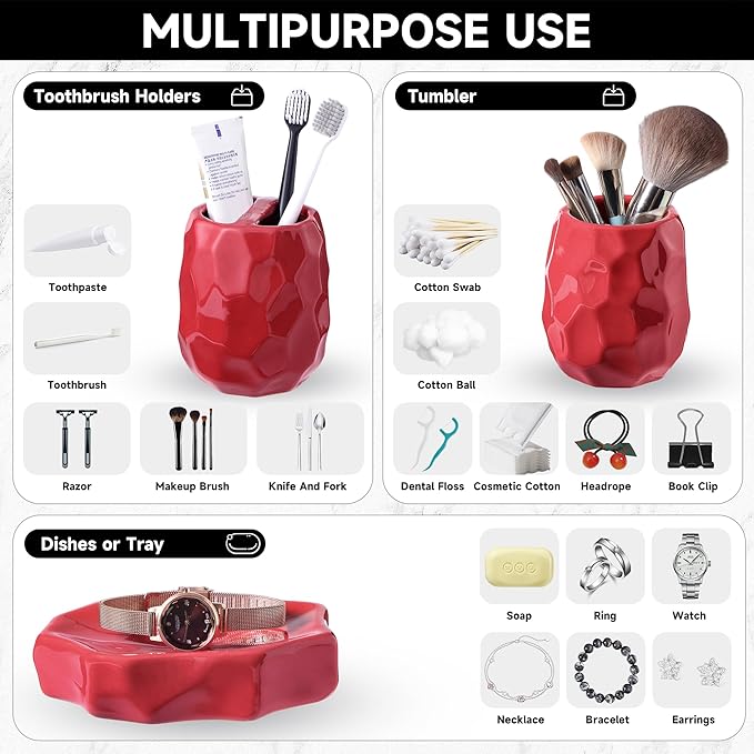 Ceramic Bathroom Accessories Set 4 PCS,Bathroom Toothbrush Holder Set,Soap and Toothbrush Holder Set,Include Toothbrush Holder,Soap Dispenser,Tumbler,Soap Dish,Bathroom Sets Decor Organizer (Red)