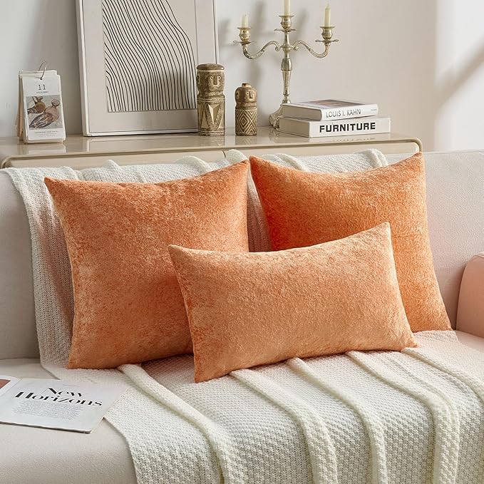 FUTEI Orange Flannel Throw Pillow Covers 26x26 Inch Set of 2,Soft Dimensional Textured Euro Pillow Shams,Modern Home Decor for Couch Living Room