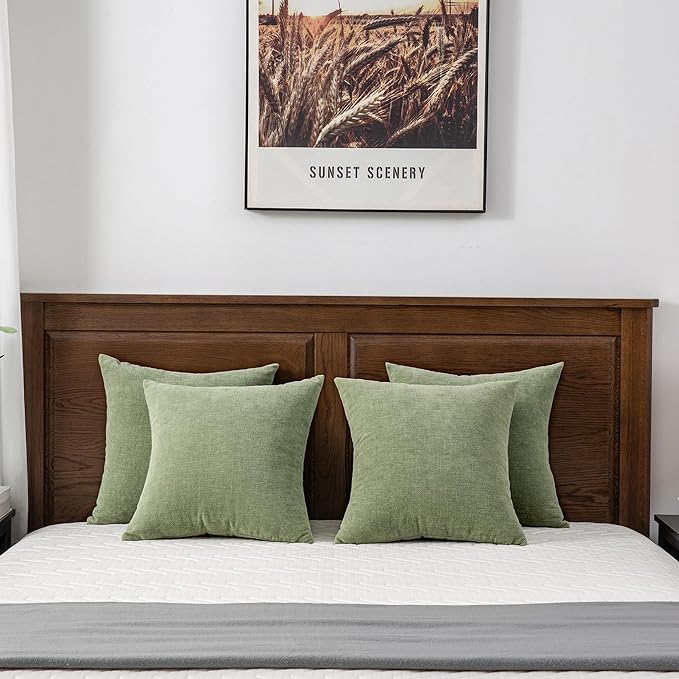 GAWAMAY Decorative Square Throw Pillow Covers 18"x18" Inch Set of 4, Super Soft Chenille Pillows Farmhouse Fall Pillowcase for Living Room Bedroom Sofa Couch Cushion Cover Sage Green 45x45cm