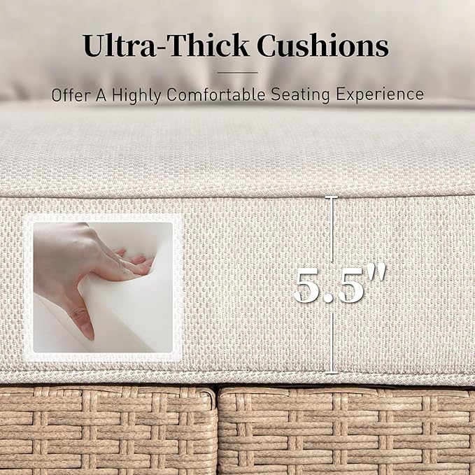 Patio Furniture Set 4 pcs, Wicker Rattan Sofa with 5.5” Thick Waterproof Cushions, 2 Chairs and Coffee Table, All Weather Outdoor Conversation Set for Backyard Deck, 5 Seats Beige