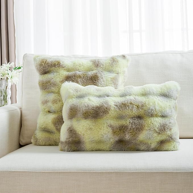 FUTEI Green White Decorative Throw Pillow Covers 18x18 Inch Set of 2,Soft Fuzzy Faux Rabbit Fur Cushion Covers with Raised Texture,Neutral Boho Home Decor for Couch Bed Living Room