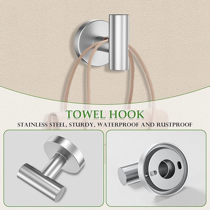 10-Piece Towel Bar Set Brushed Nickel Bathroom Hardware Accessories Set Includes 23.6in Towel Bar Round Towel Ring TP Holder and Hooks Stainless Steel Wall-Mounted Towel Racks Set for Bathroom