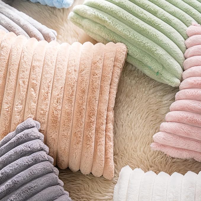 DEELAND Pack of 2 Faux Fur Plush Decorative Throw Pillow Covers Fuzzy Striped Soft Pillowcase Cushion Covers for Sofa Couch Bedroom 20x20 inch