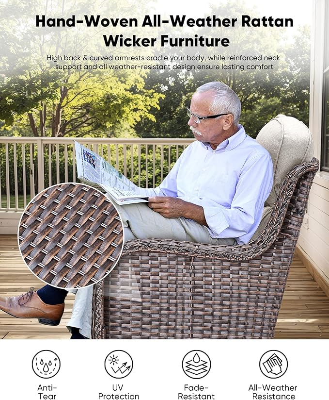 HUMMUH Wicker Patio Furniture Set with Outdoor Swivel Rocker Patio Chairs,High Back Outdoor Couch and Table 5 Pieces Outdoor Furniture for Porch Garden Deck
