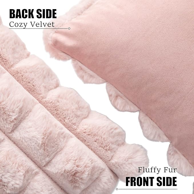 Neelvin Pink Faux Fur Cozy Soft Plaid Decorative Throw Pillow Covers 26x26 inch Set of 2,Velvet Pillowcase Cushion Case for Sofa Couch