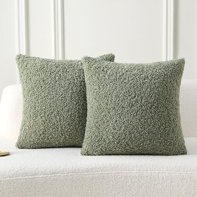 FUTEI Sage Green Throw Pillow Covers 16x16 Inch Set of 2,Furry Faux Fur Teddy Boucle Textured Cushion Covers,Soft Fluffy Decorative Pillow Case,Home Decor for Couch Bed Living Room Office Car