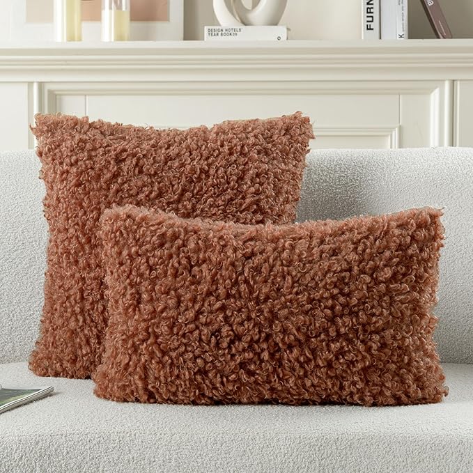 FUTEI Rust Decorative Throw Pillow Covers 24x24 Inch Set of 2,Soft Fluffy Faux Wool Fur Boucle Textured European Cushion Case,Modern Home Decor for Couch Bed Living Room Office