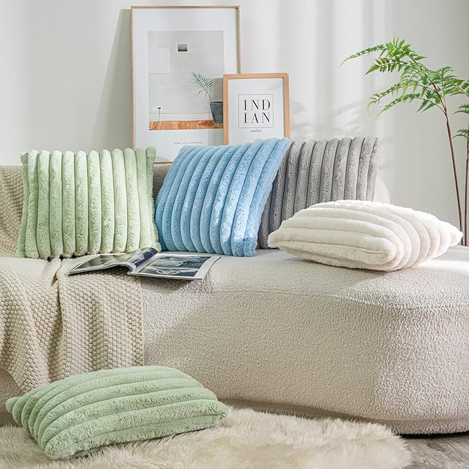 DEELAND Pack of 2,Double-Sided Faux Fur Plush Decorative Throw Pillow Covers Fuzzy Striped Soft Pillowcase Cushion Covers for Sofa Couch Bedroom Green 12x20 inch