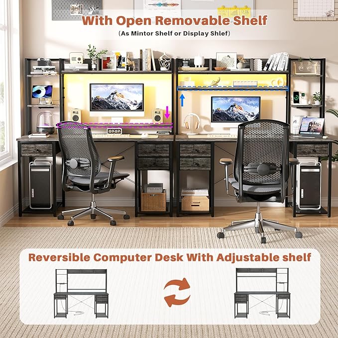 Aheaplus Desk with LED and Outlets, Gaming Desk with Hutch, 47.2'' Computer Desk with Drawers, Reversible office desk with storage bookshelf Large Workstation Desk with Shelf, Desk for Home, Black Oak