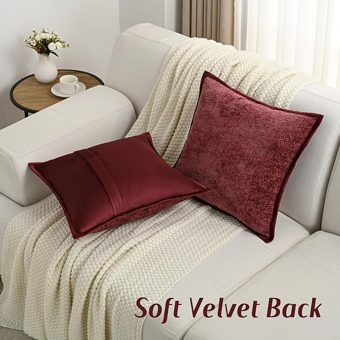 FUTEI Burgundy Chenille Throw Pillow Covers 16x16 Inch Set of 2,Soft Cozy Bound Edge Design Cushion Case,Home Decor for Couch Bed Living Room