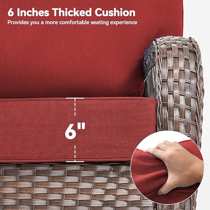 Luxury 6" Outdoor Cushions for Patio Furniture, 24x24x6" Thick Seat Cushion Set of 9, Fade Resistant Couch Chair Replacement Cushions High Density Deep Wicker Chair Cushion w/ Removable Cover, Red