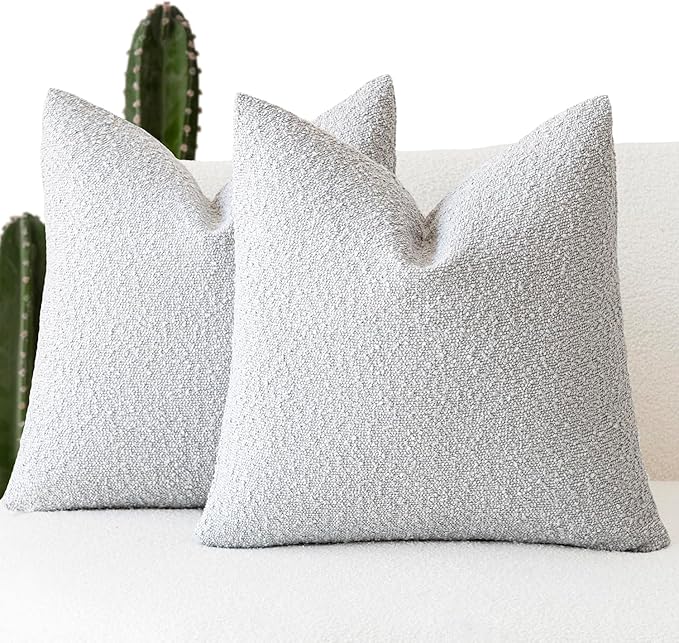 Foindtower Set of 2, Decorative Textured Boucle Throw Pillow Covers Accent Solid Pillow Cases Neutral Soft Cozy Couch Cushion Case for Chair Sofa Bedroom Living Room Home Decor 16 x 16 Inch Light Grey