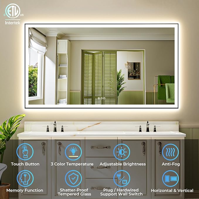 57x36 Inch LED Bathroom Mirror with Lights (Front Lit and Backlit) Black Framed Lighted Vanity Mirror for Bathroom Wall Dimmable Anti-Fog Memory Tempered Glass Horizontal/Vertical