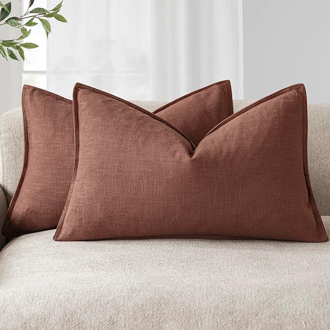 Foindtower Pack of 2, Decorative Linen Soild Throw Pillow Covers Soft Accent Lumbar Cushion Case Boho Farmhouse Pillowcase for Chair Couch Sofa Bedroom Living Room Home Decor 12 x 20 Inch Rust Red