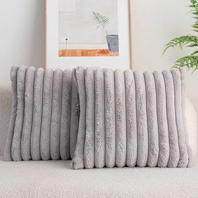 DEELAND Pack of 2,Double-Sided Faux Fur Plush Decorative Throw Pillow Covers Fuzzy Striped Soft Pillowcase Cushion Covers for Sofa Couch Bedroom Lightgrey 16x16 inch
