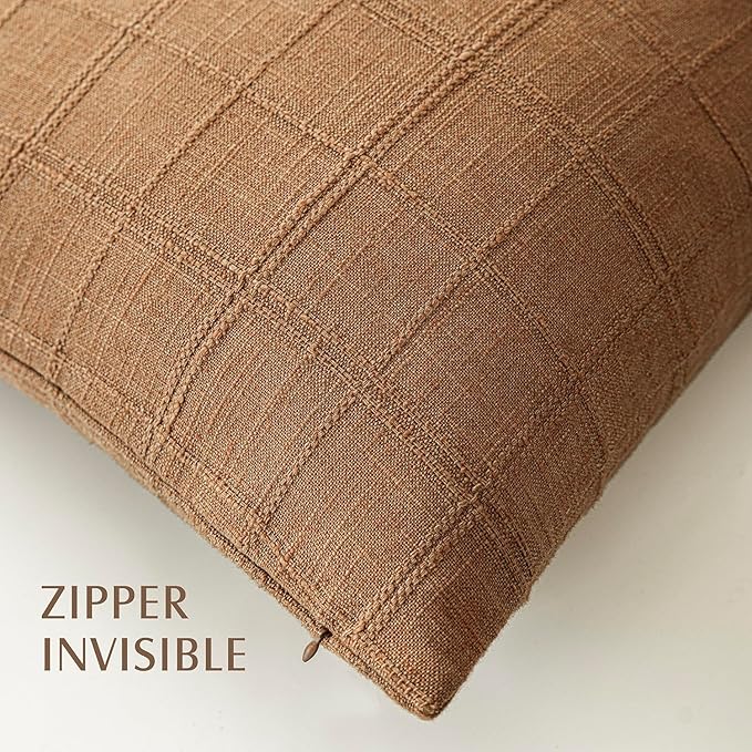 Foindtower Set of 2 Decorative Linen Check Throw Pillow Covers Neutral Farmhouse Vintage Cushion Covers Modern Boho Home Decor for Sofa Chair Couch Bedroom Living Room,18×18 Inch,Brick