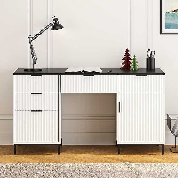 Modern Fluted Executive Desk with File Drawer, 55" Large Computer Desk with Storage and Charging Station, Wooden Home Office Desk for Workspace, Writing, Study, Black/White