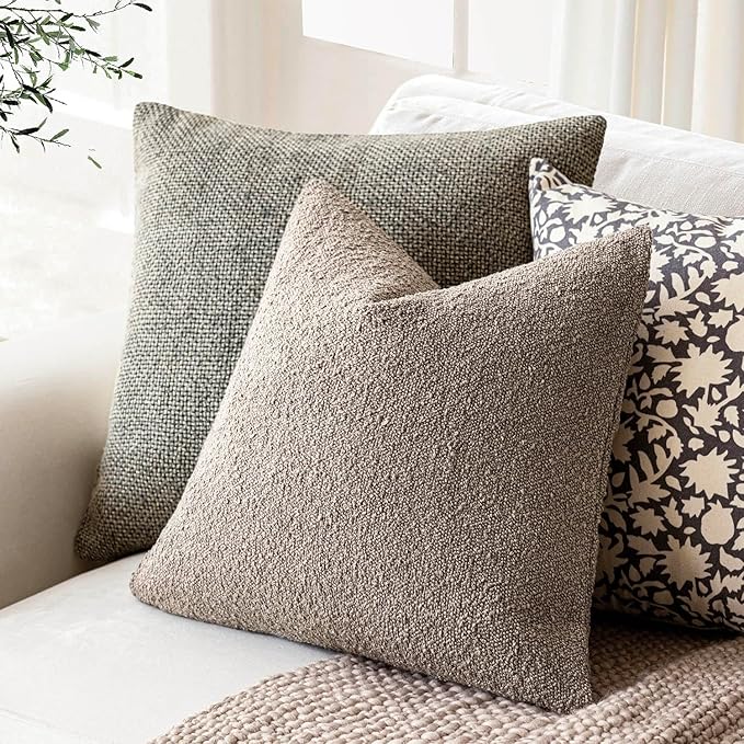 Foindtower Set of 2, Decorative Textured Boucle Throw Pillow Covers Accent Solid Pillow Cases Neutral Soft Cozy Couch Cushion Case for Chair Sofa Bedroom Living Room Home Decor 16x16 Inch Light Taupe