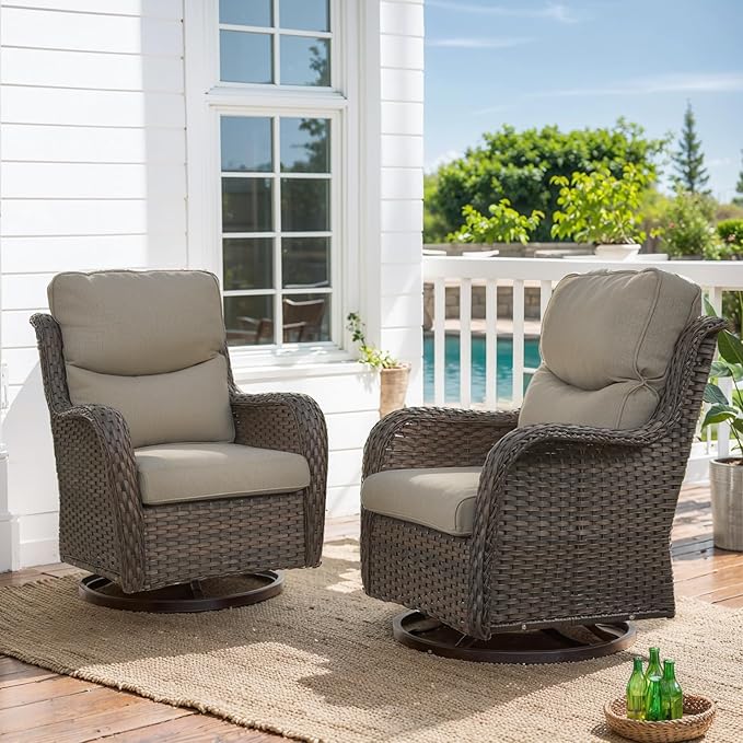 HUMMUH High Back Outdoor Swivel Rocker Patio Chairs Set of 2 with 5-Inch Thick Cushions, All-Weather Wicker Patio Furniture for Porch,Poolside, Deck, and Yard