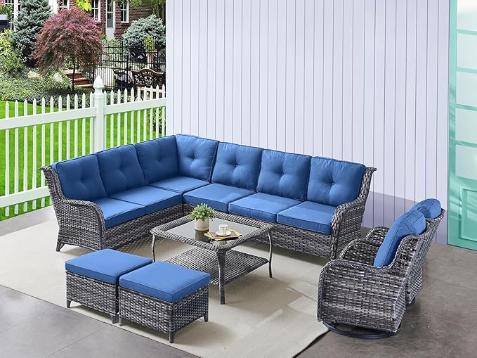 HUMMUH 9 Piece Patio Furniture PE Wikcer Outdoor Furniture Set with Sectional Sofa Swivel Patio Chairs Ottomans and Glass Coffee Table for Yard,Garden,Lawn