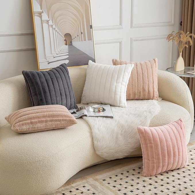 Pack of 2 Faux Fur Throw Pillow Covers 20x20 Inch Striped Decorative Soft Plush Couch Pillow Case Home Decor for Bed, Sofa, Living Room Beige