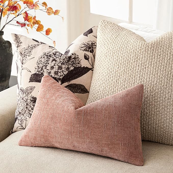 Foindtower Pack of 2 Soft Textured Chenille Throw Decorative Pillow Covers Square Accent Solid Cushion Cover Neutral Lumbar Pillow Case for Couch Sofa Bedroom Living Room 12x20 Inch,Dusty Pink