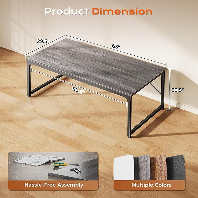 PRAISUN 63 X 29.5 Inch Computer Desk with Deeper Desktop, Gaming Office Writing Work Desk for Home Office, Study, Bedroom, Work from Home, Metal Frame, Grey