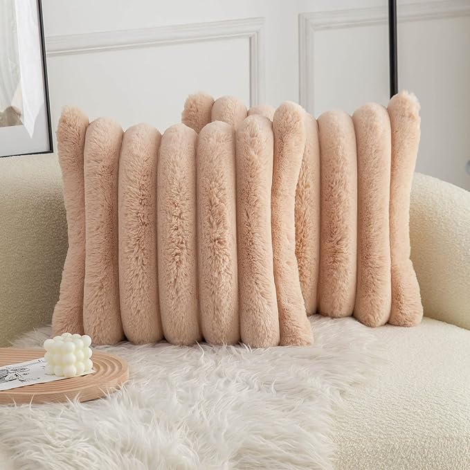 Neelvin Camel Faux Fur Cozy Soft Striped Decorative Throw Pillow Covers 20x20 inch Set of 2,Velvet Pillowcase Cushion Case for Sofa Couch