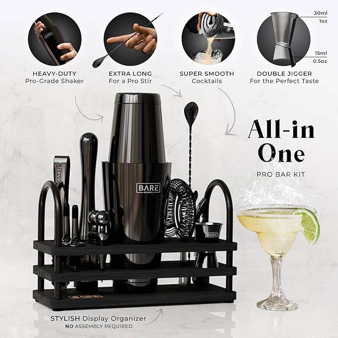 BARE BARREL® Mixology Bartender Kit Bar Set | 14-Piece Cocktail Shaker Set | Martini Barware Mixing Tools for Home Bartending | 35 Recipe Cards | Gift Set (28oz Boston Shaker, Jet Black/Black)