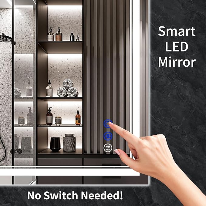40"x32" LED Bathroom Mirror with Anti-Fog, Stepless Dimmable Lights, 3 Color Modes, Shatter-Proof Tempered Glass, Memory Function & Waterproof Design