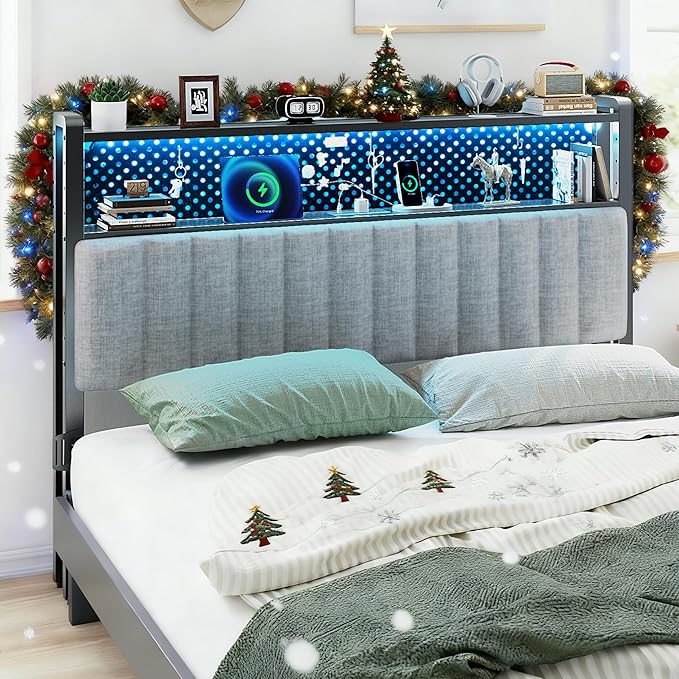 VINGLI Full Size Headboard Only, Adjustable Upholstered Headboard with 2 Tier Shelves and Pegboard with Charging Stations and LED Lights, Modern Bed Headboard with Storage for Bedroom Decor