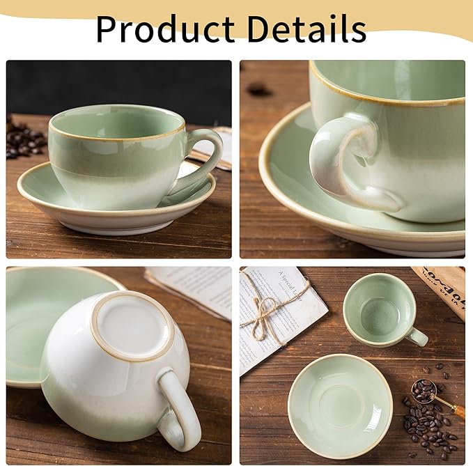 Porcelain Coffee Cup with Saucer Spoon, Vintage Design Ceramic Latte Art Cappuccino Barista Espresso Tea Cup with Saucer (11.6 oz, 350ml, White Both Green)