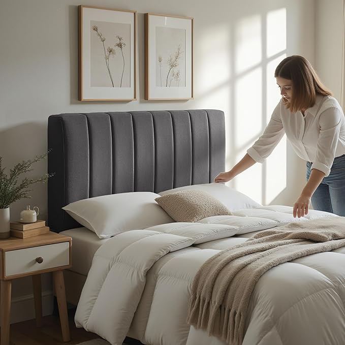 Nestl Upholstered King Headboard - Easy Assemble Channel Stitched Headboard King Size Bed - Wall Mounted Headboards with 3D Soundproof Wall Panels Peel & Stick Floating Headboards, Grey