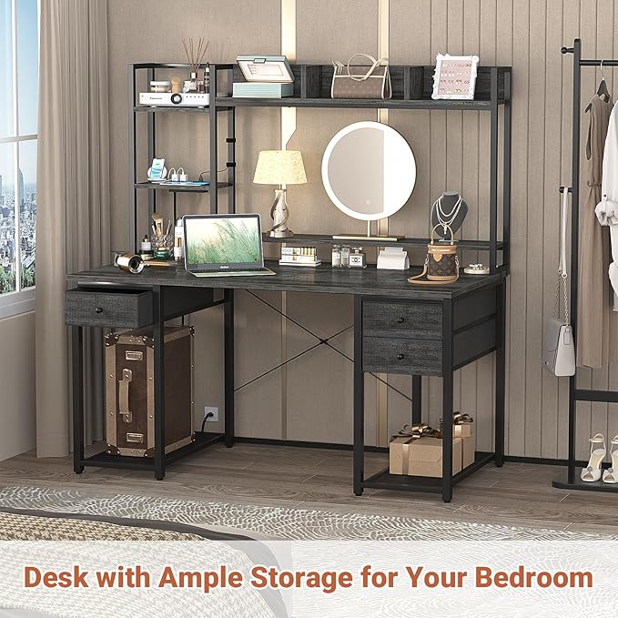 Aheaplus Desk with LED and Outlets, Gaming Desk with Hutch, 47.2'' Computer Desk with Drawers, Reversible office desk with storage bookshelf Large Workstation Desk with Shelf, Desk for Home, Black Oak