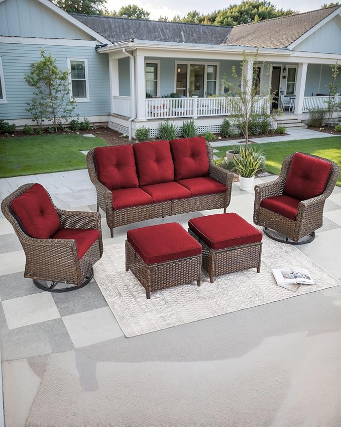 Patio Couch Outdoor Wicker Sofa - Heavy Duty All-Weather Brown Rattan 3-Seater with High Back and Comfortable Thick Cushions for Garden Back Porch Poolside Apartment - Red