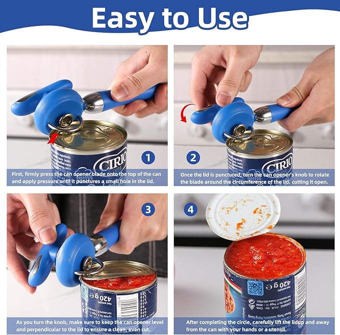 Can Opener Manual Tin Opener Stainless Steel Heavy Duty, Oversized Hand-held Easy Rotary Knob, Safe Cut Manual Can Opener with Non-Slip Handle, Smoother Cut Sharp Blade for Seniors Kitchen Tool, Blue