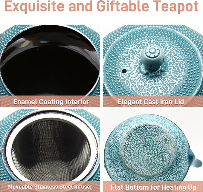 30.4oz Small Cast Iron Teapot, Tea Kettle with Stainless Steel Infuser for Loose Tea, Coated with Enameled Interior, Japanese Style Tetsubin for Stovetop Safe(900ml)