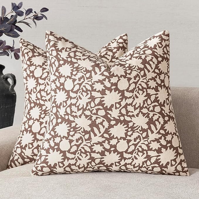 Foindtower Set of 2 Decorative Neutral Floral Throw Pillow Covers Accent Farmhouse Cushion Covers Boho Vintage Pillowcase for Couch Sofa Bedroom Living Room Home Decor,20×20 Inch,Brown