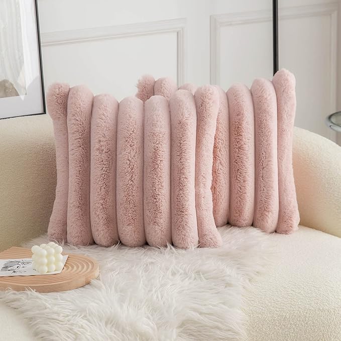 Neelvin Pink Faux Fur Cozy Soft Striped Decorative Throw Pillow Covers 18x18 inch Set of 2,Velvet Pillowcase Cushion Case for Sofa Couch