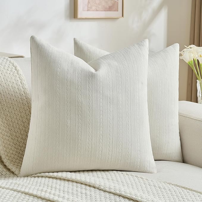 FUTEI Cream Decorative Throw Pillow Covers 16x16 Inch Set of 2,Soft Cozy Wheat Ear Striped Patterns Cushion Cases,Modern Home Decor for Couch Bed Living Room